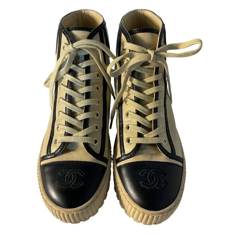 Chanel Leather Tan Platform High Top Sneakers Size 36.5 EU / US 6.5